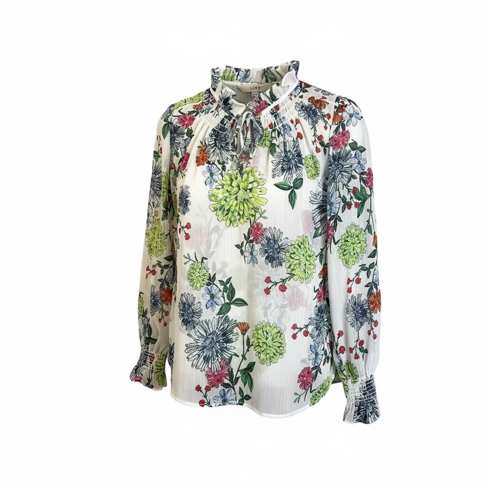 LOFT Petites Floral Tie Neck Ruffle Blouse MP Long‎ Sleeve Top Sheer Spring